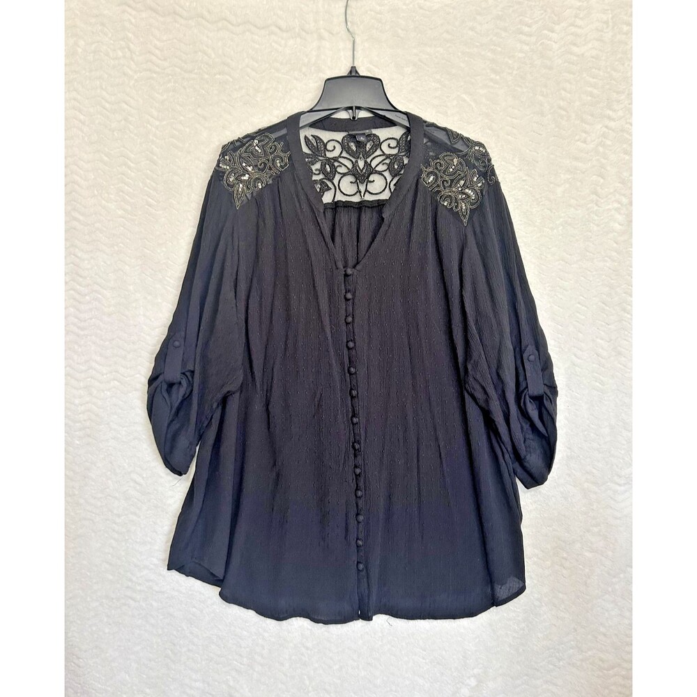Torrid Blouse Womens 3 Plus Black V Neck Sheer Tunic Sequin Embroidered Top